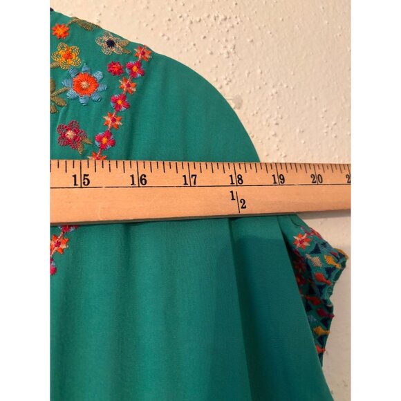 Savanna Jane Womens Embroidered Boho Tunic Dress Green Floral V-Neck  L - Picture 8 of 10
